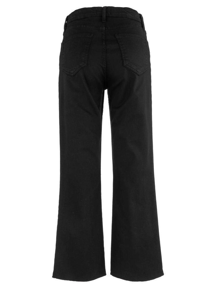 Back view of black high-rise ankle flare jeans with two back pockets and a raw hem.