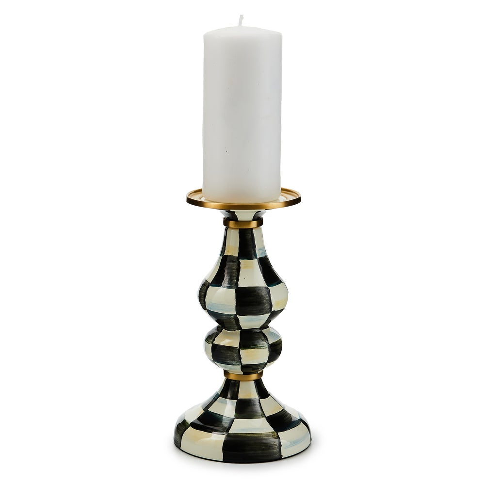 Medium Courtly Check enamel pillar candlestick with hand-painted pattern on steel base and brass accents.