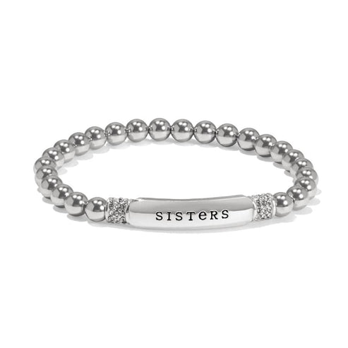 Silver stretch bracelet with message finish on a plain background