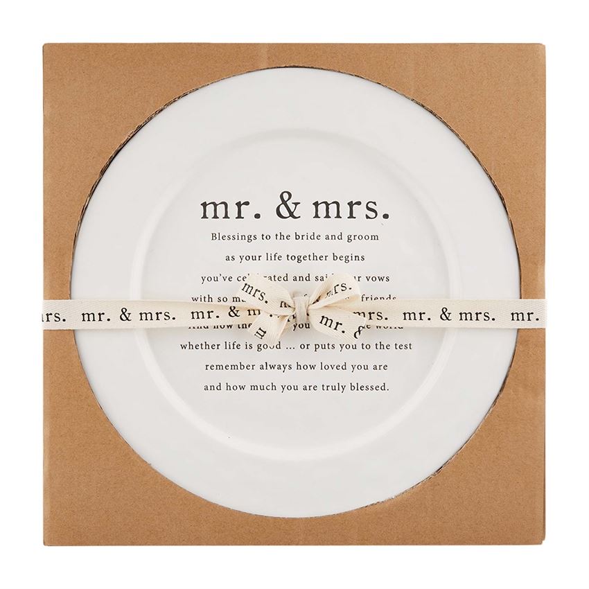 Round stoneware wedding blessing platter with a natural earthy tone.