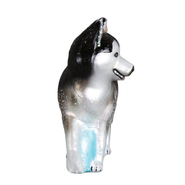 Siberian Husky ornament figurine with white and grey fur pattern standing on a base.