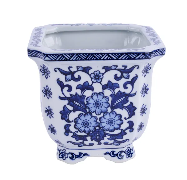 6-inch square porcelain jardiniere with a smooth white finish.