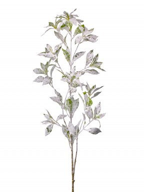 40 inch frosted glitter winter tea leaf spray with white and green leaves on a brown stem.