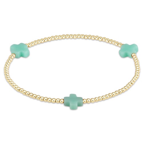 Gold-filled Signature Cross Pattern bracelet with 2mm beads on elastic cord