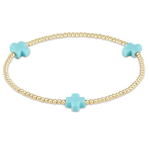 Gold-filled Signature Cross Pattern bracelet with 2mm beads on stretch elastic