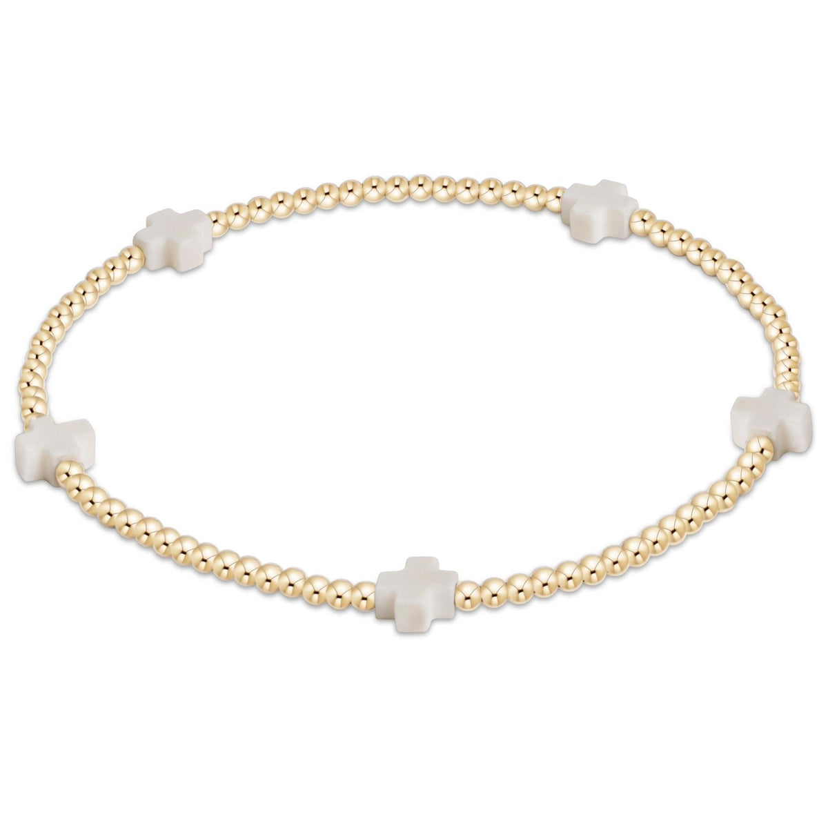 Small gold-patterned bracelet with 2mm beads on elastic cord
