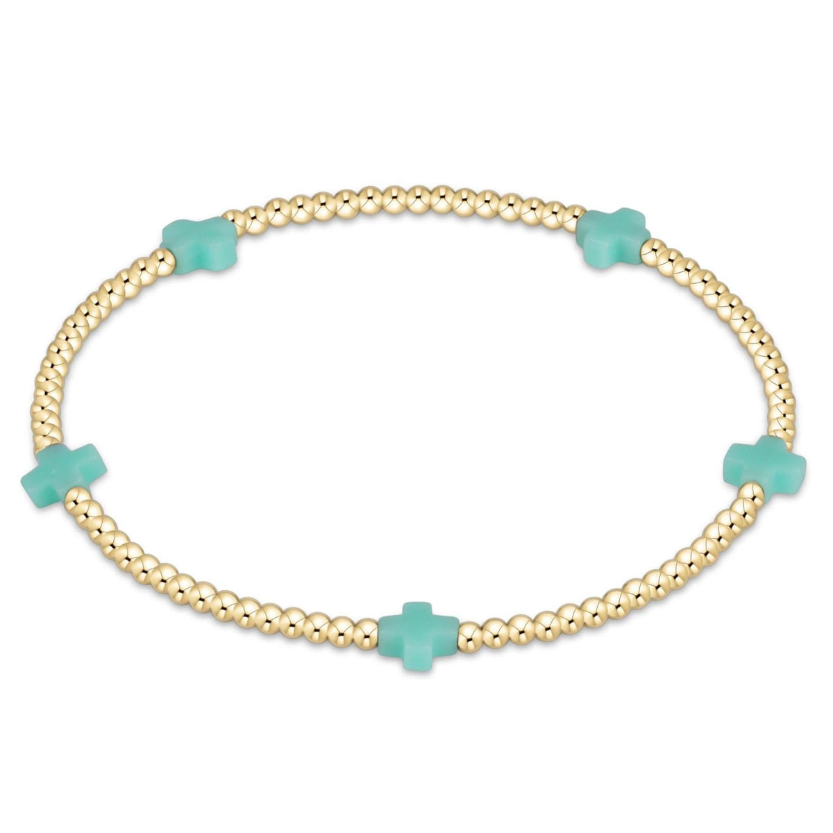 Small gold-filled bracelet with a cross bead pattern on elastic cord
