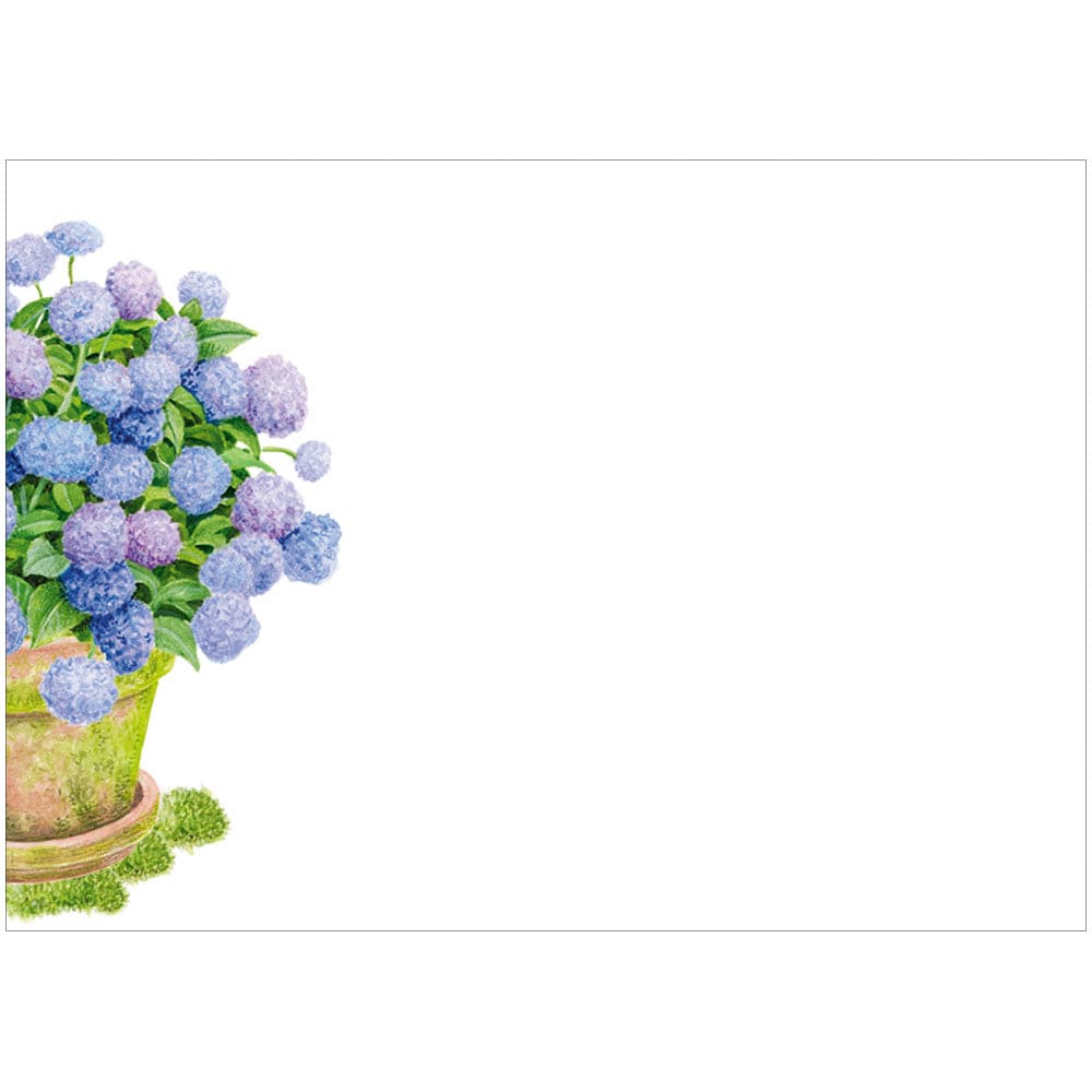 Pack of self-adhesive paper labels featuring potted hydrangeas in blue flowers with green foliage.