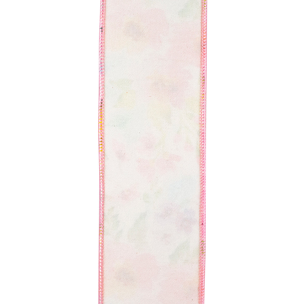 Watercolor Flowers Deluxe Fused Wired Edge Ribbon White/Pink 2-1/2 inch