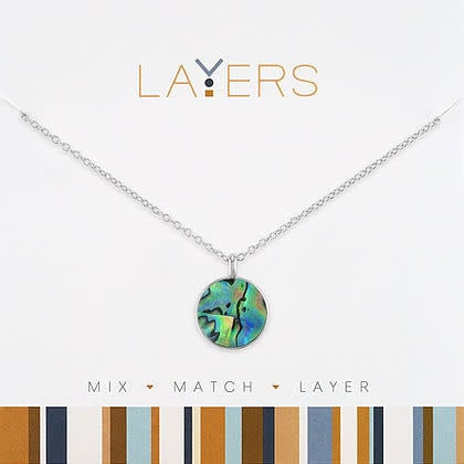 Silver abalone layered necklace with multiple strands featuring iridescent shell accents