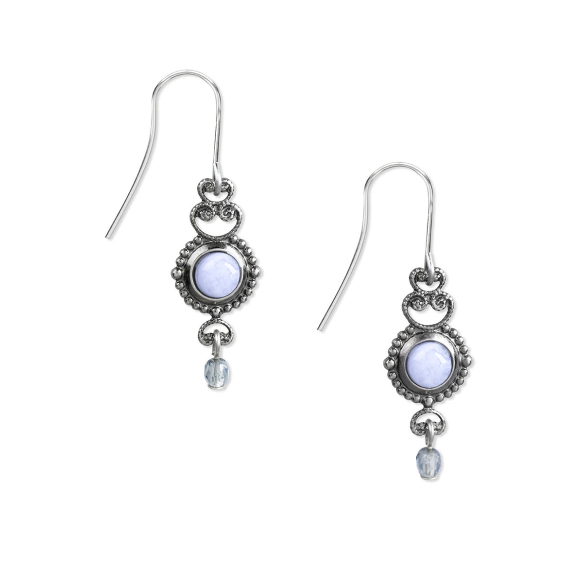 Silver filigree earrings with blue lace agate stones on surgical steel hooks