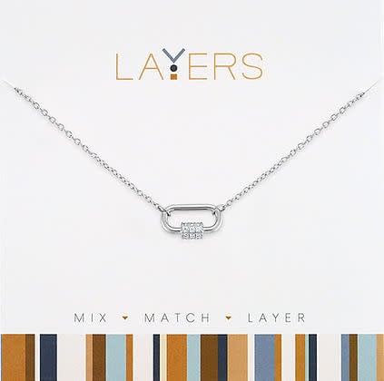 Silver layered necklace with two chains featuring a modern carabiner pendant