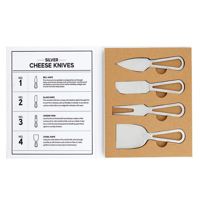 Silver stainless steel cheese knives in a corrugated cardboard book-style box.