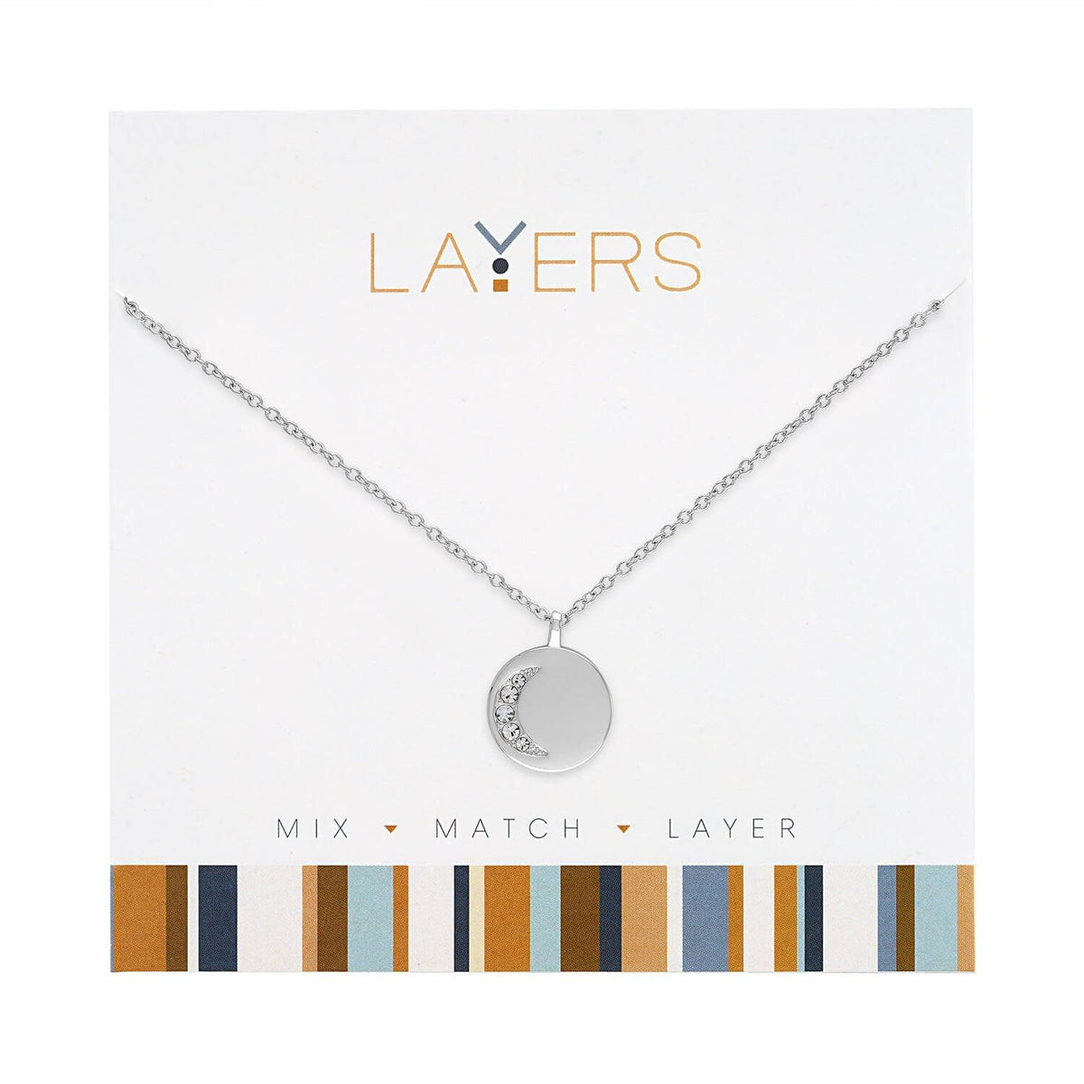 Silver CZ crescent moon layered necklace with mixed chain lengths