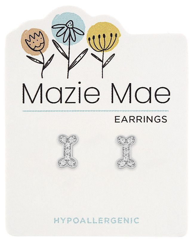 Silver stud earring shaped like a dog bone with clear cubic zirconia stones.