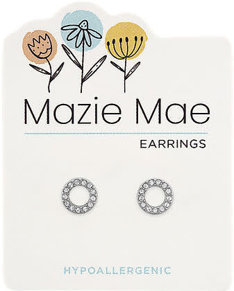 Silver open circle stud earring with clear cubic zirconia stones
