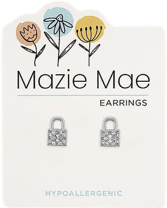 Silver CZ padlock stud earring with a sleek modern silhouette