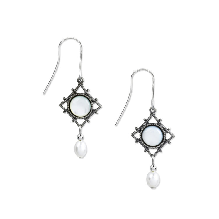 Silver filigree diamond earrings featuring mother-of-pearl accents with glass beads and natural textures.