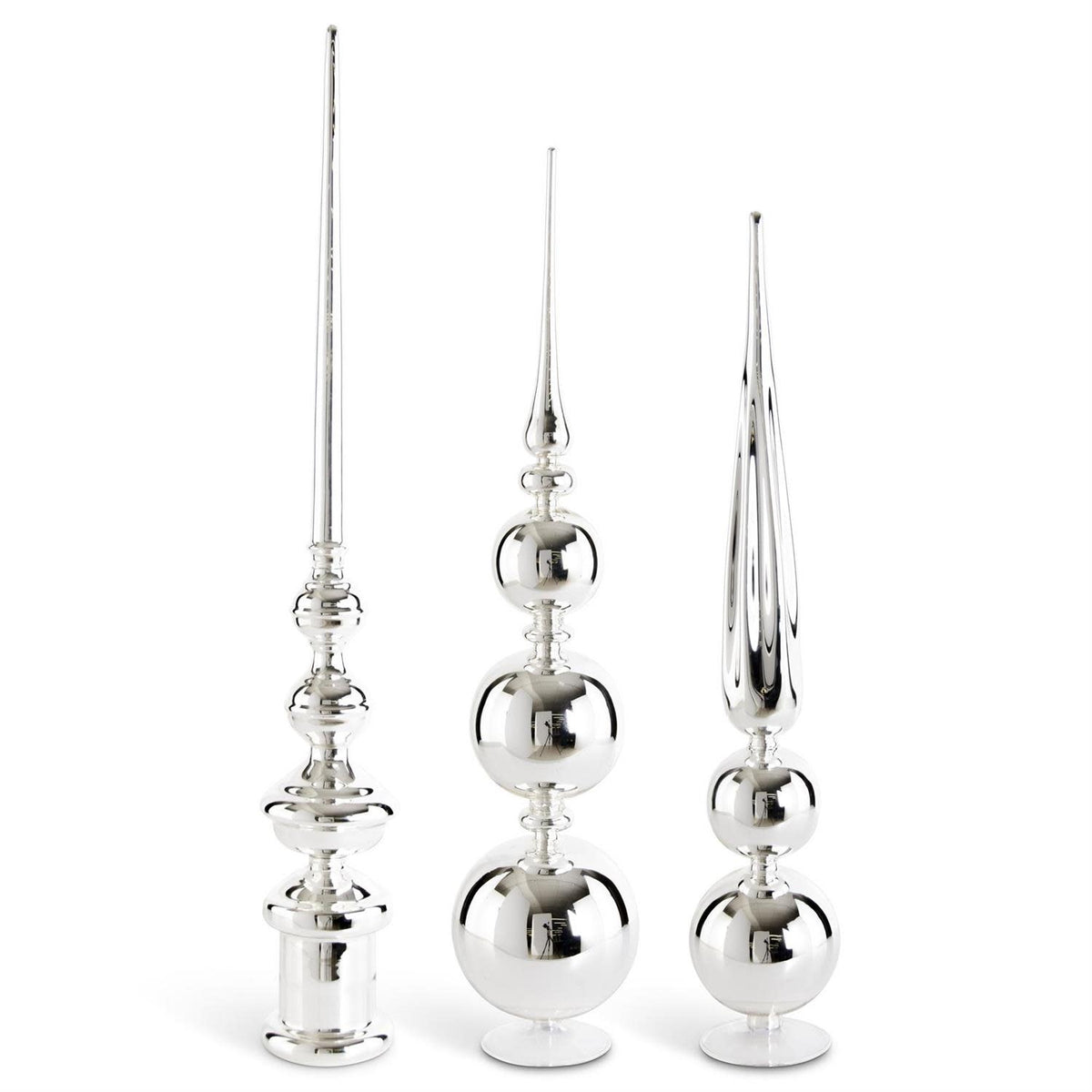 Silver glass finial with an elongated reflective shape measuring 25 inches tall.