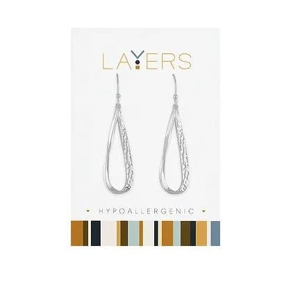 Silver hammered teardrop dangle layers earrings with a textured finish