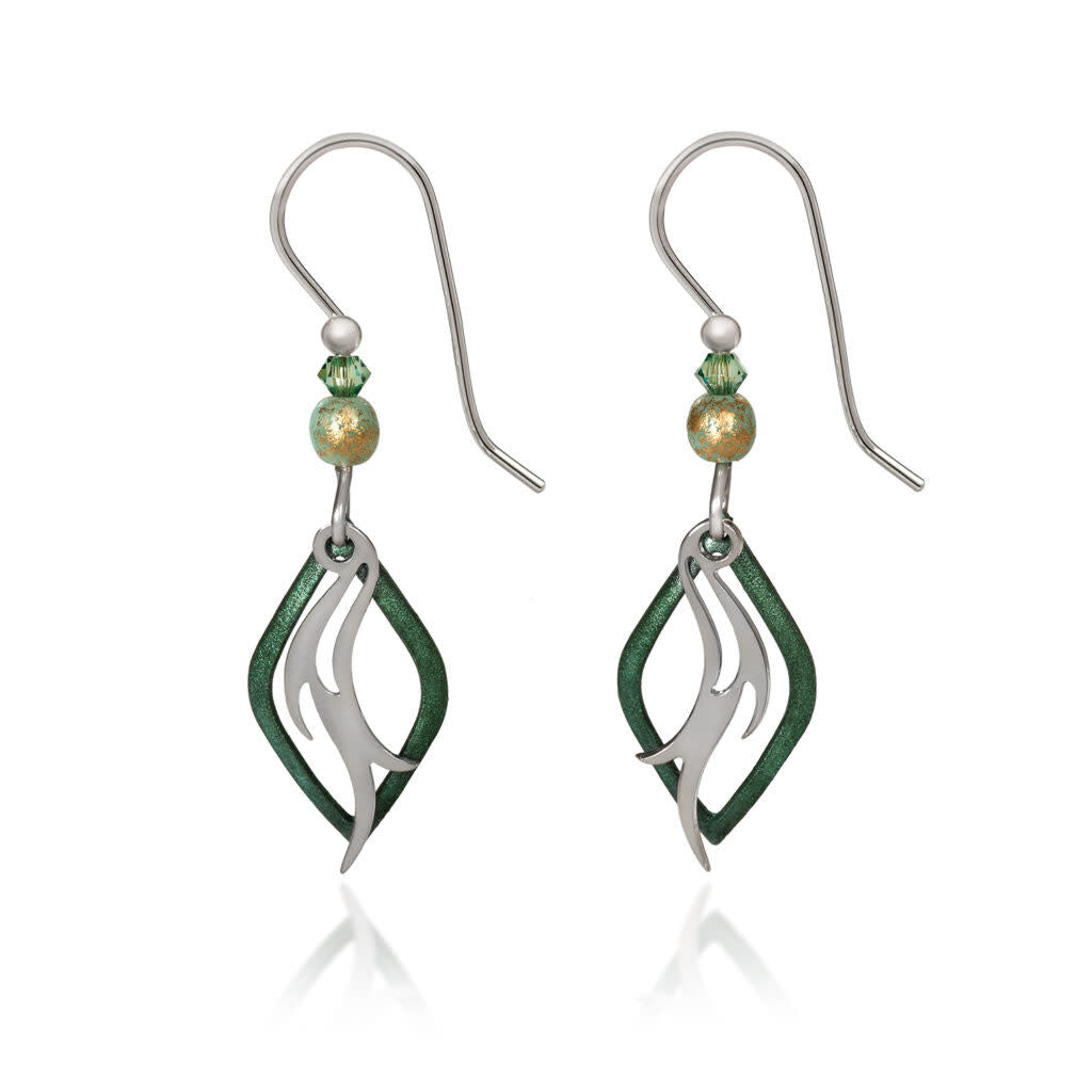 Silver Light Green Flame in Open Diamond Pierced Earrings