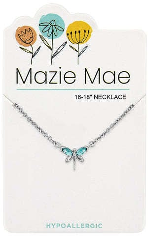Silver Mazie Mae necklace featuring an aquamarine dragonfly pendant on a delicate chain.