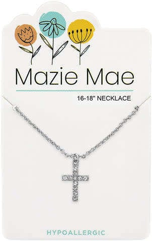Silver Mazie Mae necklace featuring a clear crystal cross pendant on an adjustable chain.