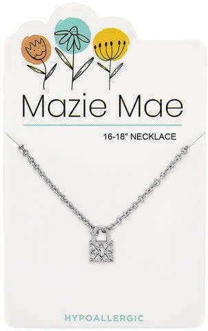 Silver Mazie Mae necklace with a CZ padlock pendant on an adjustable chain.