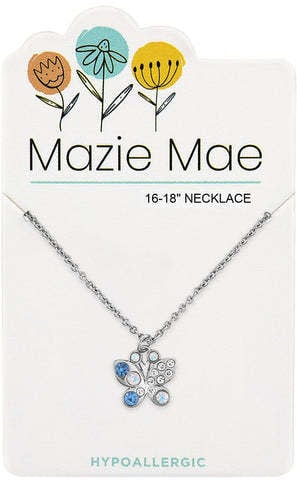 Silver Mazie Mae necklace featuring an opal aquamarine butterfly pendant on a secure hypoallergien chain.