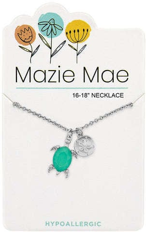 Silver Mazie Mae necklace featuring a Pacific opal turtle pendant on an adjustable chain.