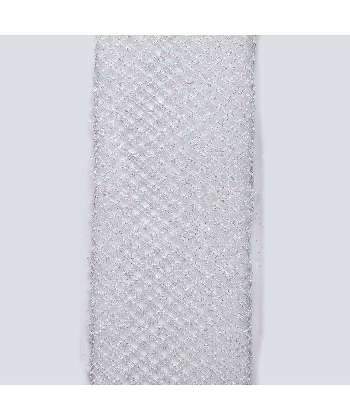 Silver mesh ribbon roll with a diamond pattern and double wire edges.