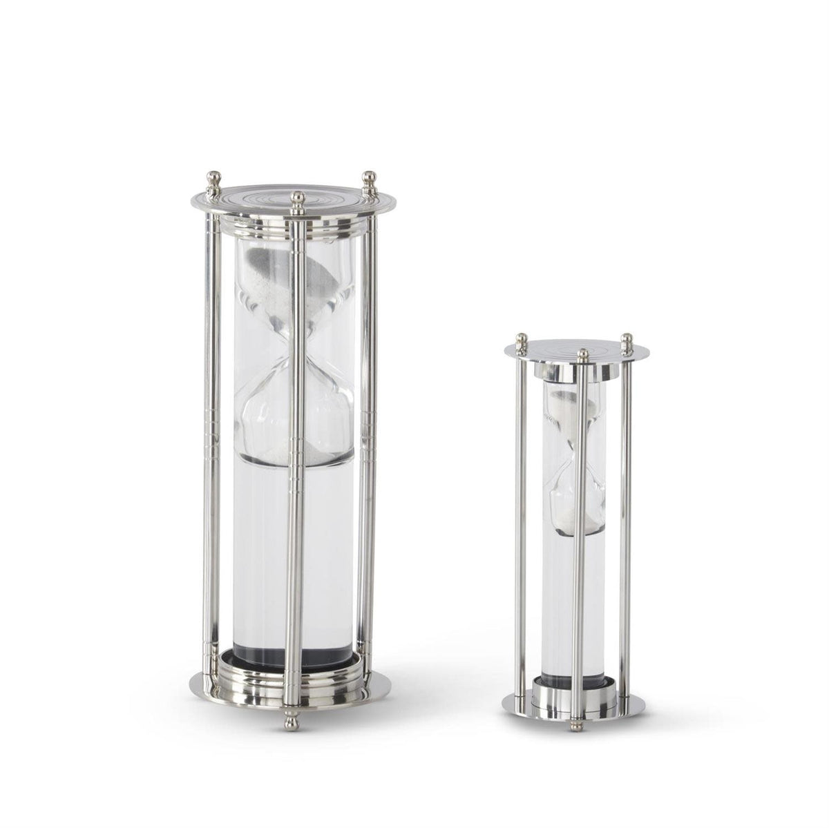 Silver metal frame hourglass with clear glass bulbs containing flowing liquid sand.