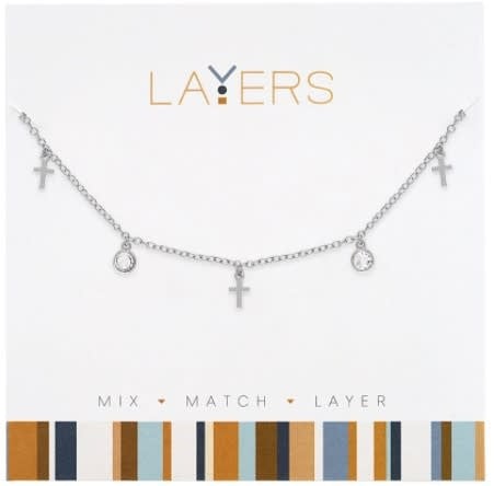 Silver-tone adjustable drawstring necklace featuring two small crosses and two circle crystals.