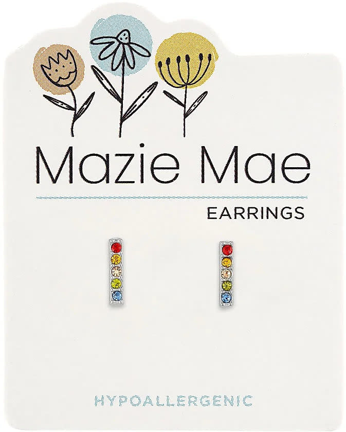 Silver Mazie Mae earring featuring a multi-color cubic zirconia bar stud with whimsical design details.