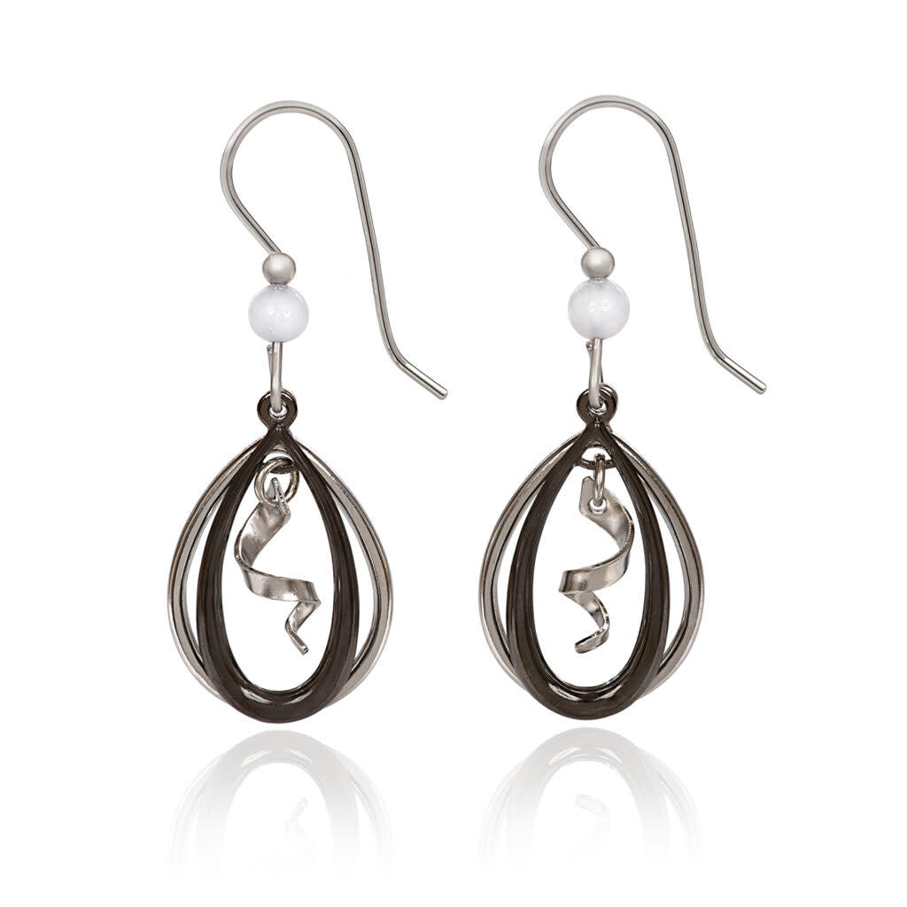 Silver open teardrop duo earrings with spiral accents featuring semi-precious stones and glass beads