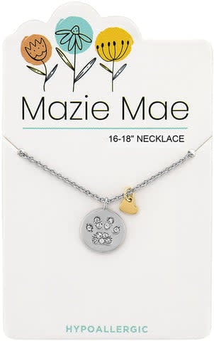 Silver Mazie Mae necklace featuring a paw print pendant with gold heart dangles on an adjustable chain.