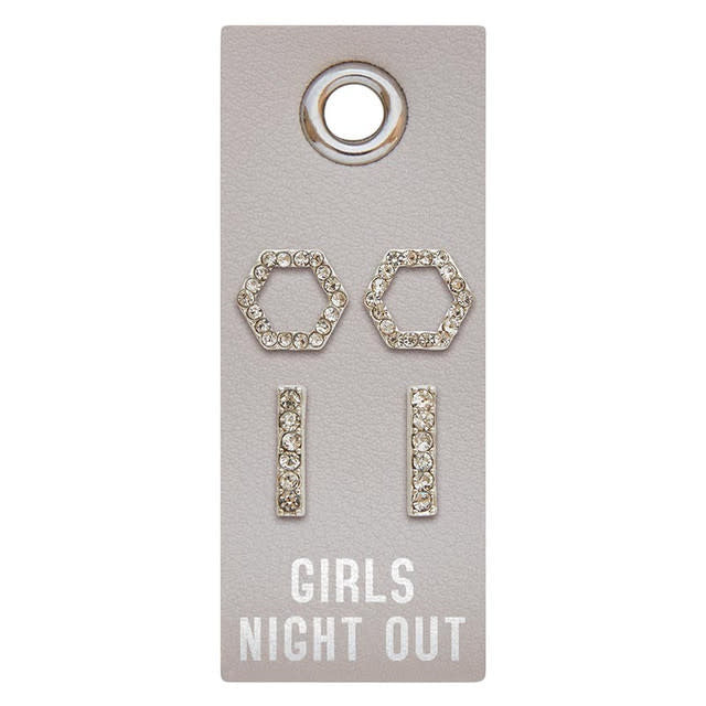 Silver stud earrings featuring a rhinestone center surrounded by PU leather tags.