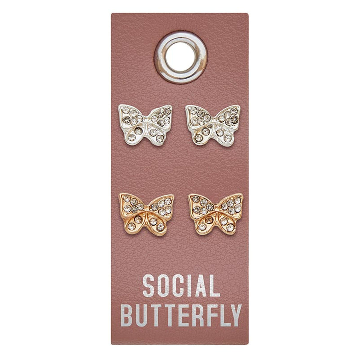 Silver stud earrings featuring a PU leather tag with rhinestone accents.