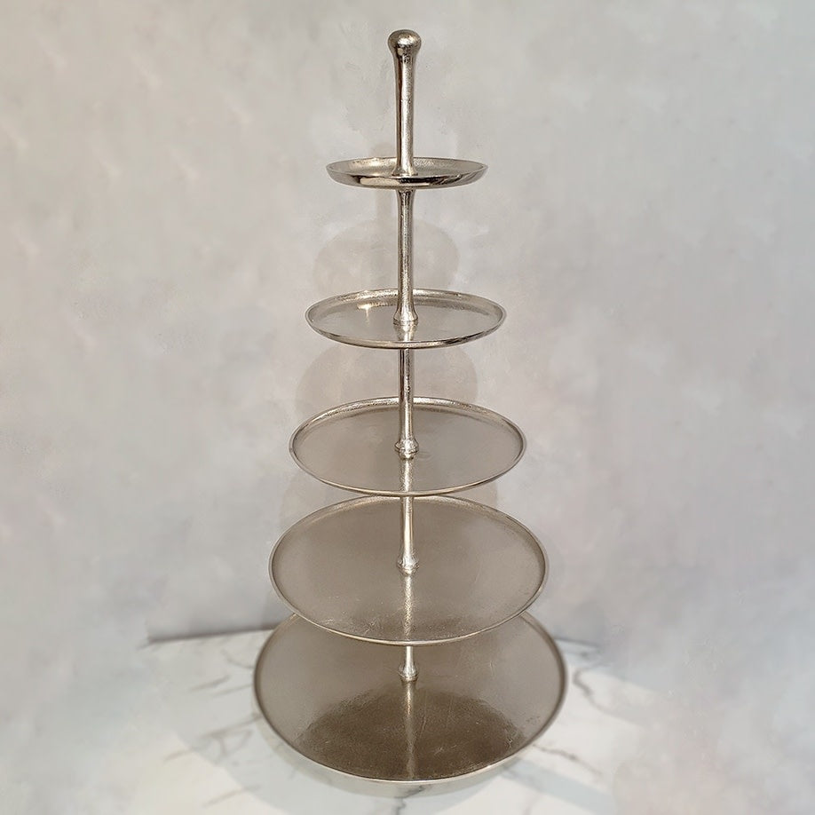 Silver textured aluminum five-tier serverware stand with smooth finish