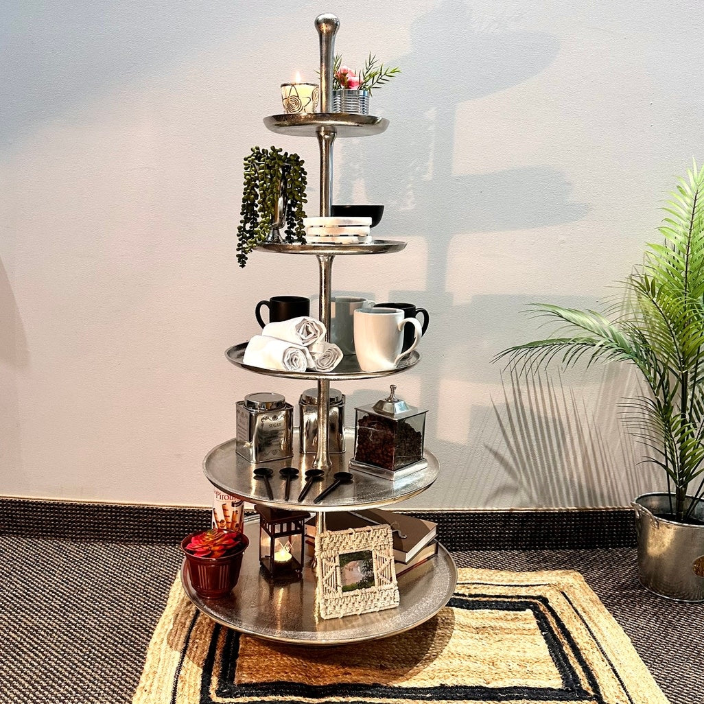 Silver textured aluminum five-tier stand with smooth finish