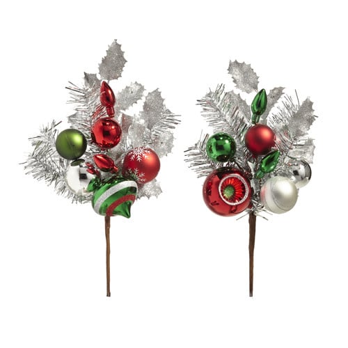 Silver tinsel ornament pick with shimmering texture on a plastic handle