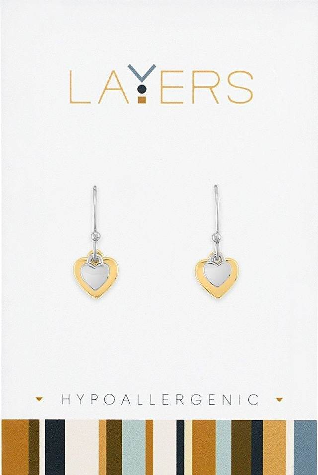 Silver Two-Tone Double Heart Dangle Layers Earrings