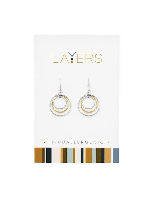Silver two-tone three-circle dangle layer earrings with a modern sleek silhouette