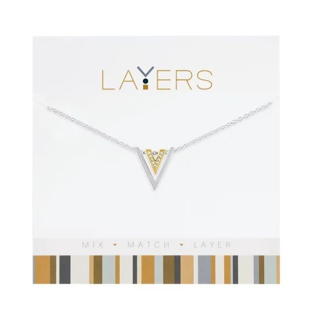 Silver two-tone triangle layered necklace with geometric pendant links