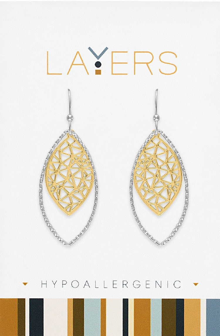 Silver two-toned ribbed geometric leaf dangle layered earrings