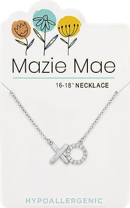 Silver XO Mazie Mae necklace featuring a heart-shaped pendant with 'XO' text on an adjustable chain.