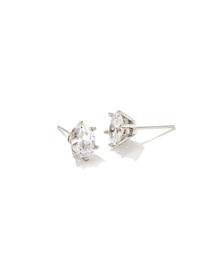 Silver post stud earrings featuring white cubic zirconia crystals in a round silhouette.