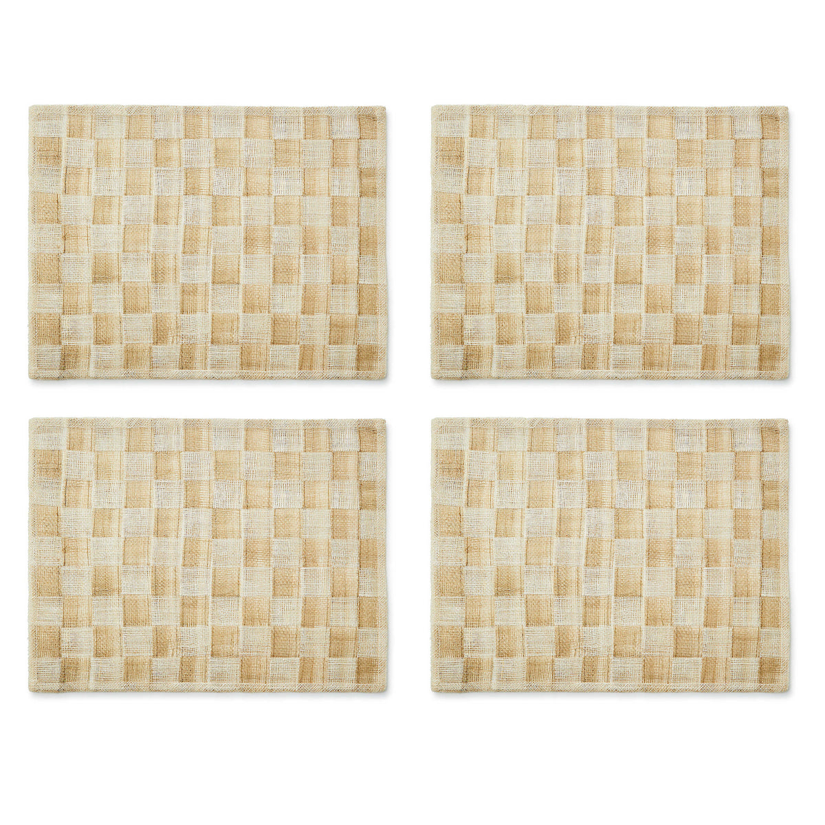 Set of four woven sinamay placemats in natural abaca fiber with a check pattern.