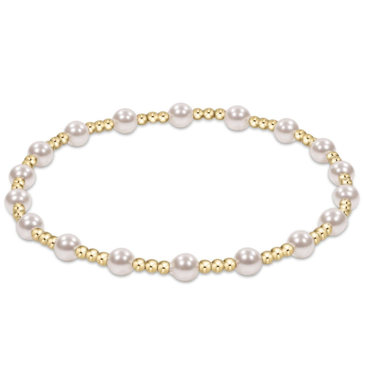 Extends Sincerity bracelet with alternating 4mm crystal pearls and 2mm gold-filled beads on elastic cord.