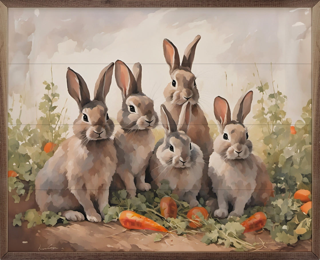 Hand-painted wooden wall art titled Five Bunnies in Carrot Field featuring five bunny figures and carrots on a natural wood plank with walnut frame.